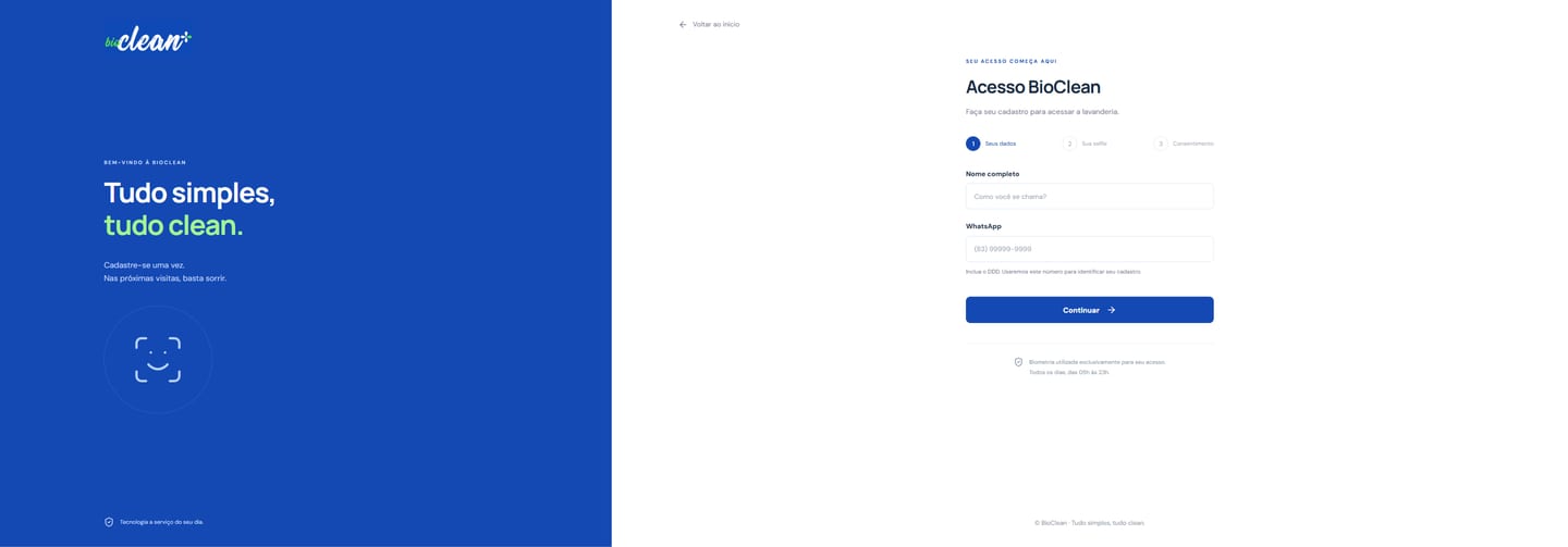 Fluxo de cadastro da BioClean com dados, selfie e consentimento