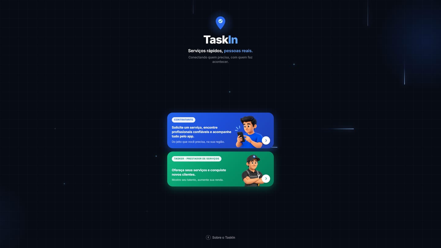 Tela inicial do TaskIn com escolha entre contratante e prestador